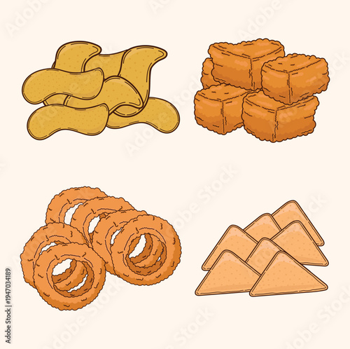 Fried food onion rings crackers chips nuggets cornet fast food icon illustration or snacks