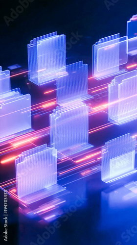 Stacks of Glowing Blue Wireframe Folders on a Reflective Surface with Red and Pink Light Streaks Representing Enterprise Data Management