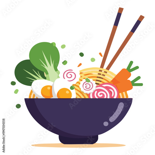 Noodle Bowl Flat 2D Illustration Set – Asian Food Vector, Isolated Transparent Background