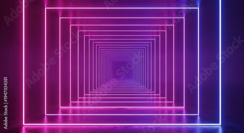 Infinite glowing neon light tunnel interior perspective, purple and pink hues