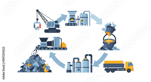 Metal Recycling and Production Process Diagram: Industrial Scrap Waste to New Material Circular Economy