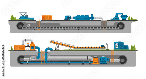 Underground Infrastructure, Industrial Conveyor & Piping Systems - Engineering Flat Design Vector Illustration