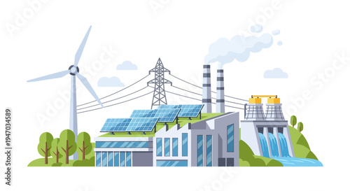 Diverse Energy Sources Illustration: Renewable (Wind, Solar, Hydro) & Non-Renewable Industrial Power Plants. Electricity Generation & Sustainability Concept.
