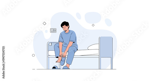 Man in Hospital Gown Sitting on Bed, Putting on Slippers