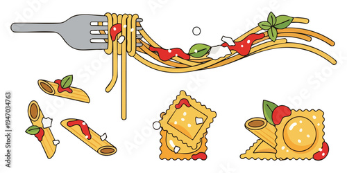 Noodles Crackers Flat 2D Illustration Set – Asian Food Vector Elements, Isolated Transparent Background