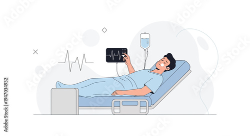 Patient in hospital bed with EKG monitor and IV drip, modern medical illustration