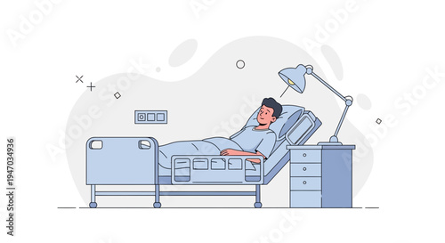 Patient Lying in Hospital Bed with Lamp and Nightstand, Medical Illustration