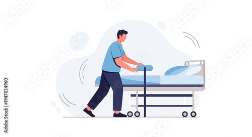 Healthcare worker pushing a hospital bed with patient, medical assistance, modern illustration