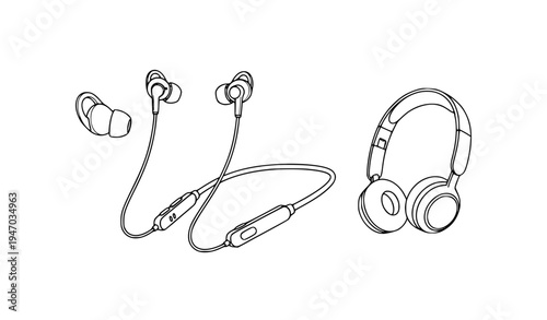 Headphones and Earphones Audio Device Illustration Set with Wired Earbuds Neckband Headset and Over Ear Headphones Isolated Vector for Music Technology Design