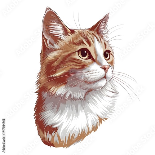 Ginger and white cat portrait illustration, detailed domestic feline head with fluffy fur and expressive eyes looking aside on light background