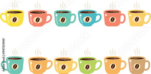 Colorful coffee cup vector set with steaming hot drinks, cute mug collection for cafe beverage menu, breakfast caffeine illustration isolated