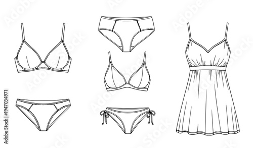 Women Lingerie and Summer Dress Fashion Illustration Set with Bra Panties and Sleeveless Dress Isolated Vector Collection for Apparel Design, Clothing Catalog, and Fashion Templates