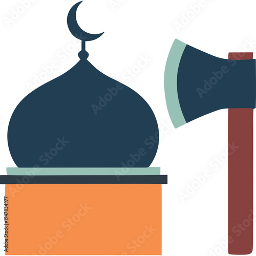 A mosque with a crescent moon on top is being threatened by a large axe.