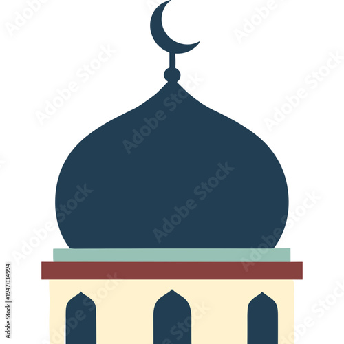 A mosque with a crescent moon on top stands tall in a serene environment under clear skies with architectural details.