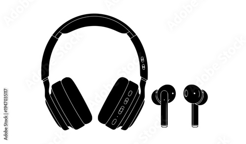Wireless Headphones and Earbuds Audio Device Silhouette Set Isolated Vector Illustration for Music Listening, Sound Technology, Modern Gadgets, and Digital Entertainment Design
