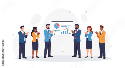 Business team applauds presentation success on whiteboard with charts and graphs