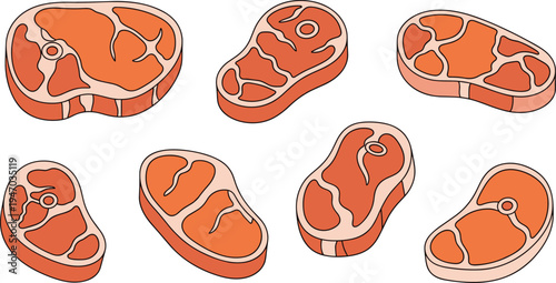 Raw beef steak cuts vector set featuring fresh red meat slices, butcher shop ingredients for grilling, barbecue cooking and protein food illustration collection