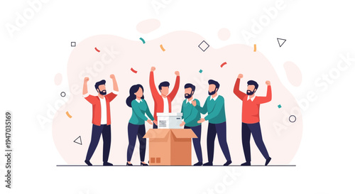 Team celebrating success, opening a box with confetti and joy