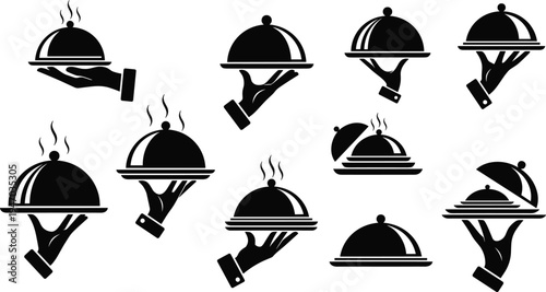 Waiter serving tray with cloche icons set, restaurant food service hand symbols for catering, hospitality dining and meal delivery silhouette vector collection
