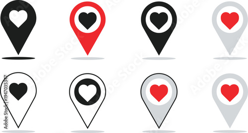 Location pin with heart icons set representing favorite places, love map marker symbols for navigation apps, dating locations and destination vector collection
