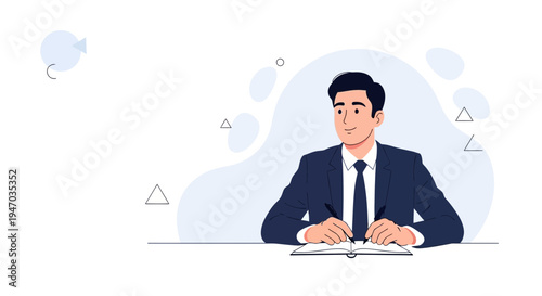 Businessman writing in notebook, modern illustration, professional work, planning, strategy