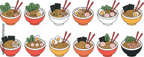 Japanese ramen bowl vector set with noodles, eggs, seaweed and chopsticks, colorful Asian noodle soup collection for restaurant menu food illustration