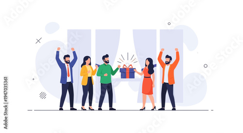 Team celebrates success with a surprise gift, teamwork and achievement concept