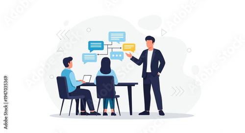 Teamwork and communication in business meeting, brainstorming ideas with speech bubbles