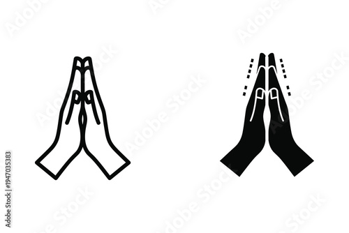 Praying hands icon, symbolizing gratitude, hope, and faith in both outline and solid styles