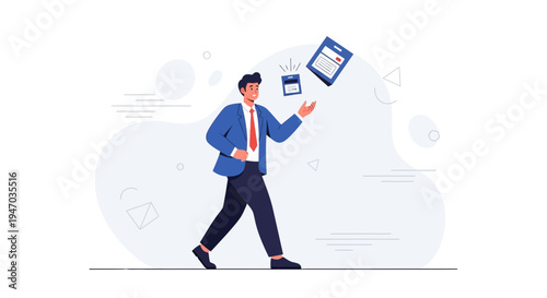 Businessman juggling tasks, documents, and devices, symbolizing multitasking and efficiency