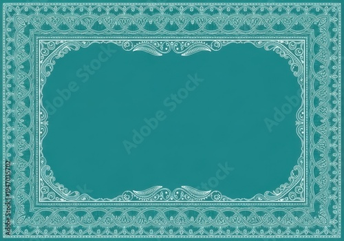 A teal and white rug with an intricate design