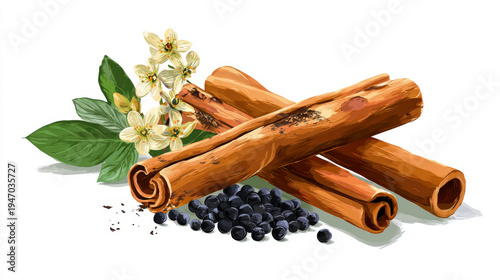 Cinnamon sticks vector illustration with cinnamon flower and black pepper seeds