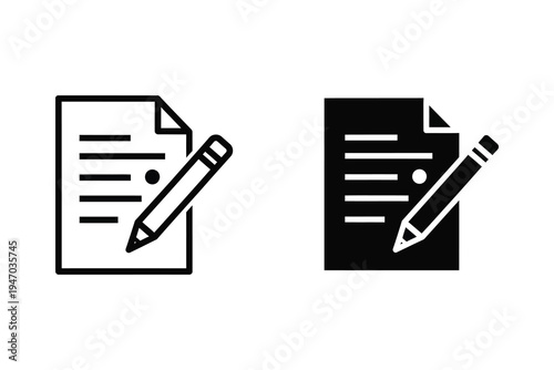 Document and Pencil Icon: Writing or Editing Symbol in Outline and Silhouette