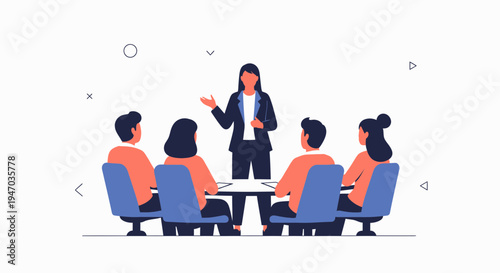 Business meeting: woman presenting to team around a table, flat design illustration