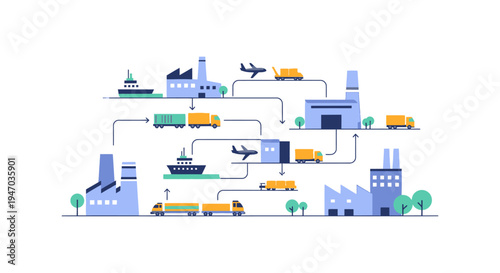 Seamless Global Supply Chain and Logistics Management System Illustration. Manufacturing, Distribution, and Transportation.