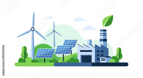 Eco-Friendly Factory with Renewable Energy: Wind Turbines & Solar Panels Powering Sustainable Industry