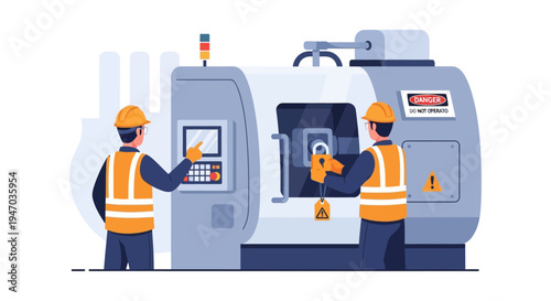 Industrial Safety: Engineers Performing Lockout Tagout (LOTO) on Manufacturing Equipment