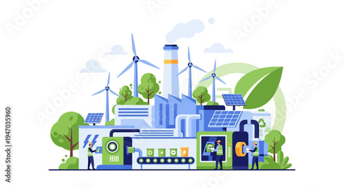 Sustainable Green Factory with Renewable Energy, Recycling & Waste Management. Eco-Friendly Industrial Production & Circular Economy Concept.