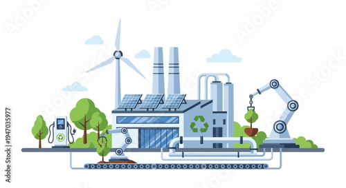 Sustainable Industry Future: Green Factory, Solar, Wind, EV Charging & Robotic Automation