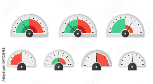Flat Design Vector Gauges Set: Performance, Risk, Speedometer, and Dashboard Indicators for Data Visualization, Measurement, and Status Display.