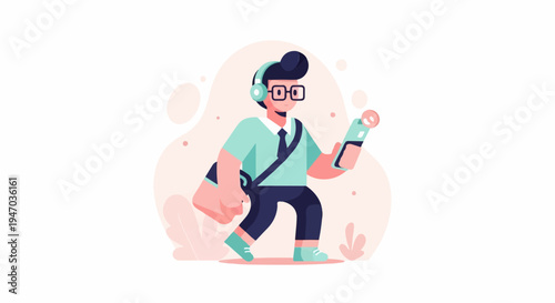 A person with headphones and a bag, looking at their phone