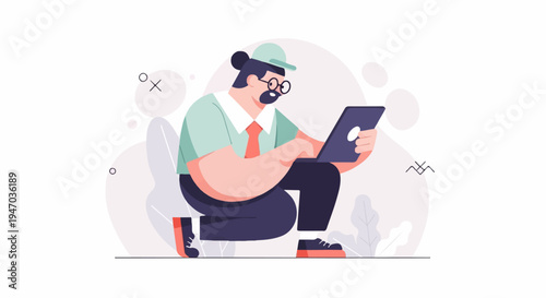 A person in a hat and glasses crouches, working on a laptop