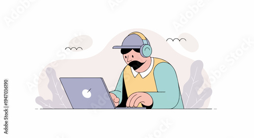 A man with headphones and a mustache works on a laptop