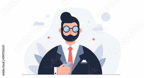 Bearded man in suit and glasses holding a phone against a minimalist background