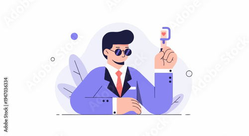 A man in a suit with sunglasses holds up a finger with a heart icon