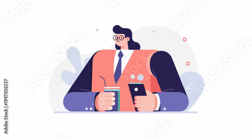 A person in formal wear with glasses holds a drink and a phone