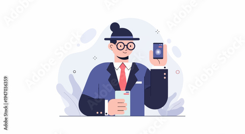 A person in a suit and hat holds up a phone displaying a camera