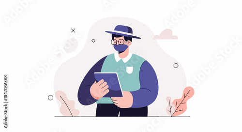 A masked person in a hat and glasses holds a tablet