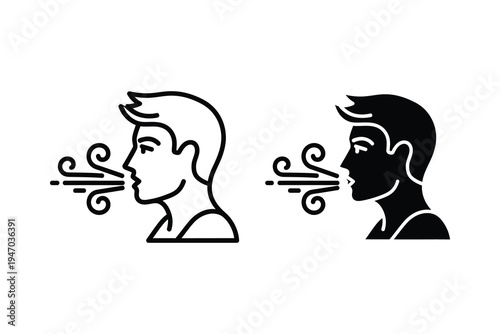 Man Exhaling Icons in Line Art and Silhouette for Breath and Health