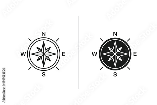 Navigational Compass Rose Icons in Linear and Solid Black Styles